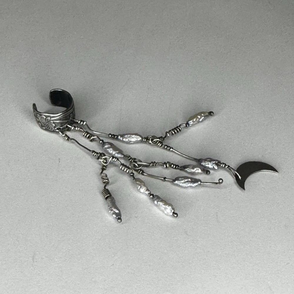 Whimsigoth Celestial Moon Ear Cuff Iridescent Shell Dangle Witchy Whimsical